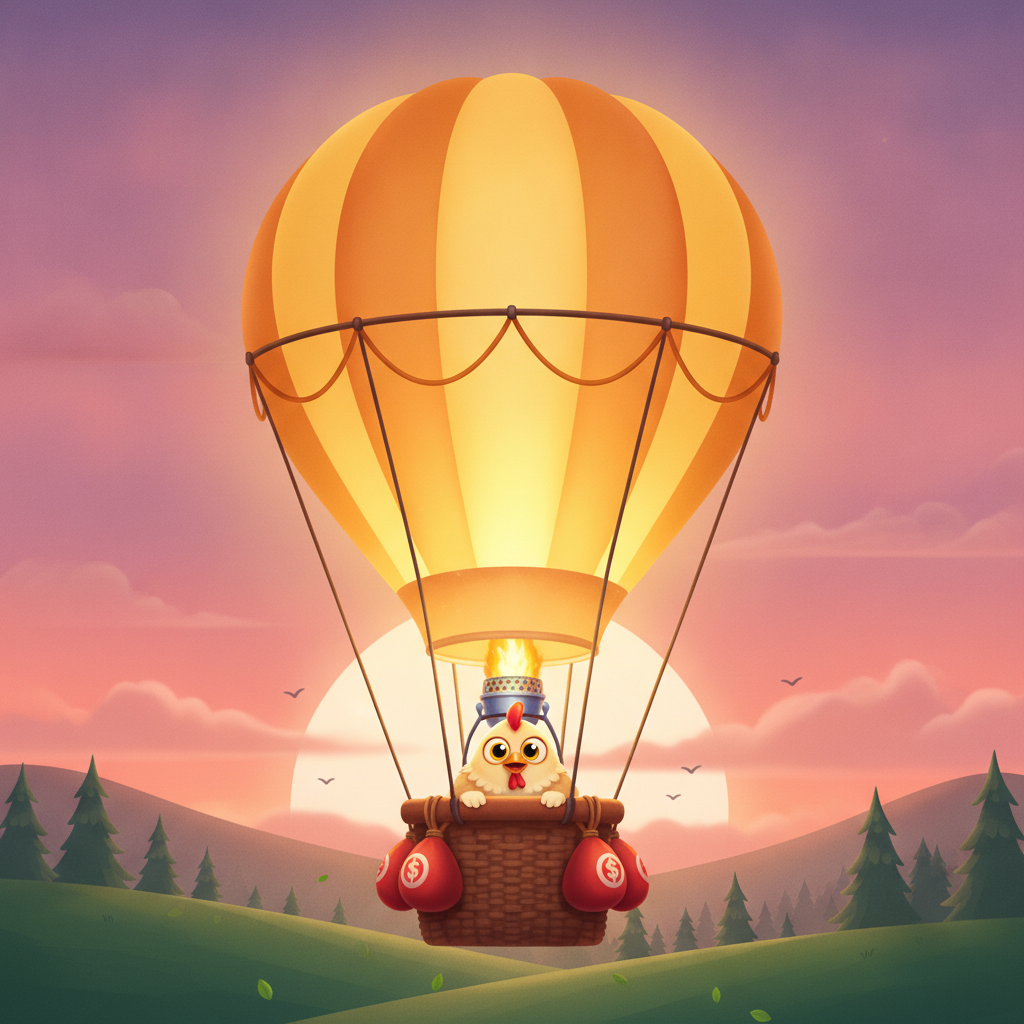 BalloniX mongolfiera dorata con pollo pilota che vola al tramonto, gioco crash multiplayer con moltiplicatori in tempo reale