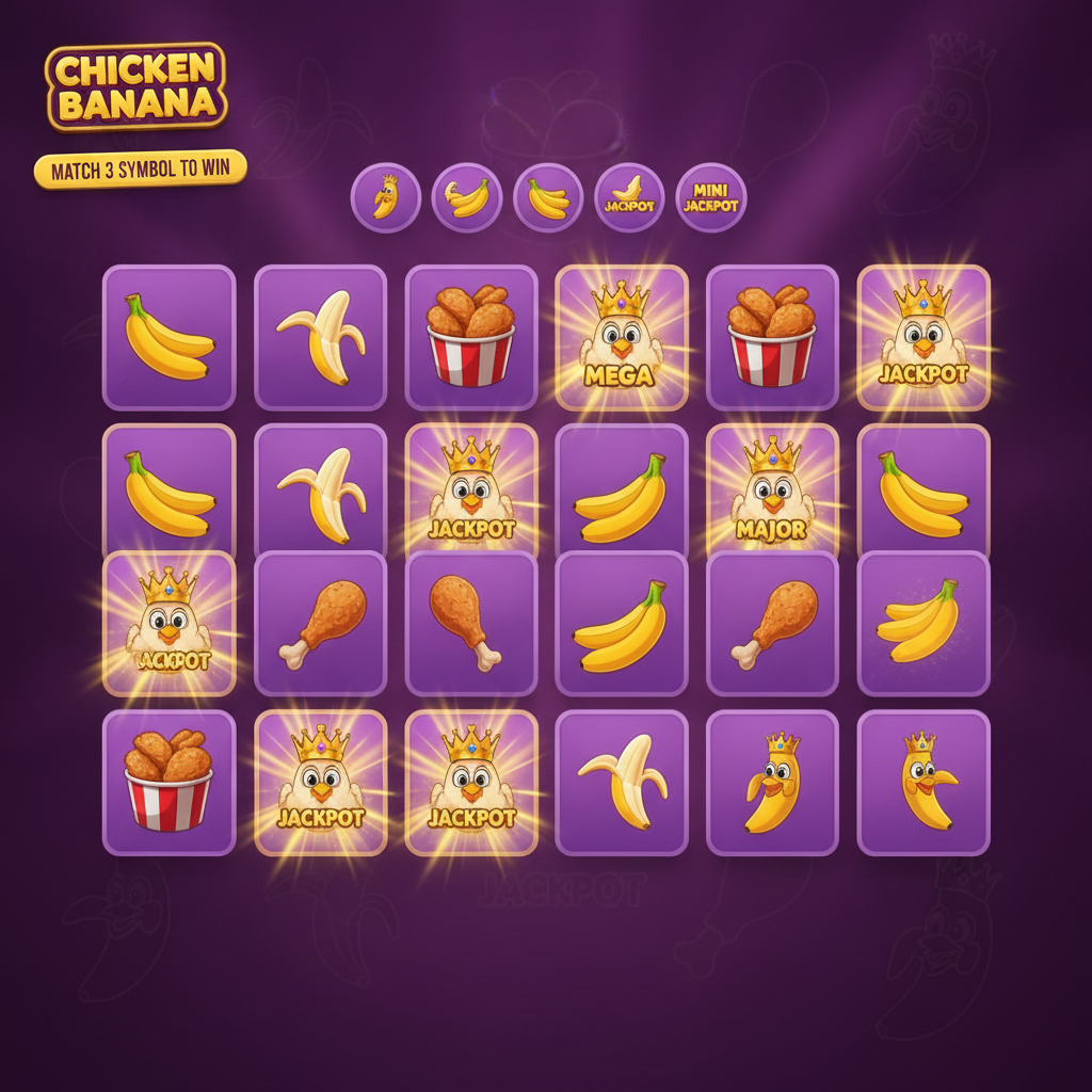 Chicken Banana slot con griglia 5x4, carte scoperte con simboli banana, pollo fritto, personaggi pollo con corone jackpot Mini Major Mega su sfondo viola scuro