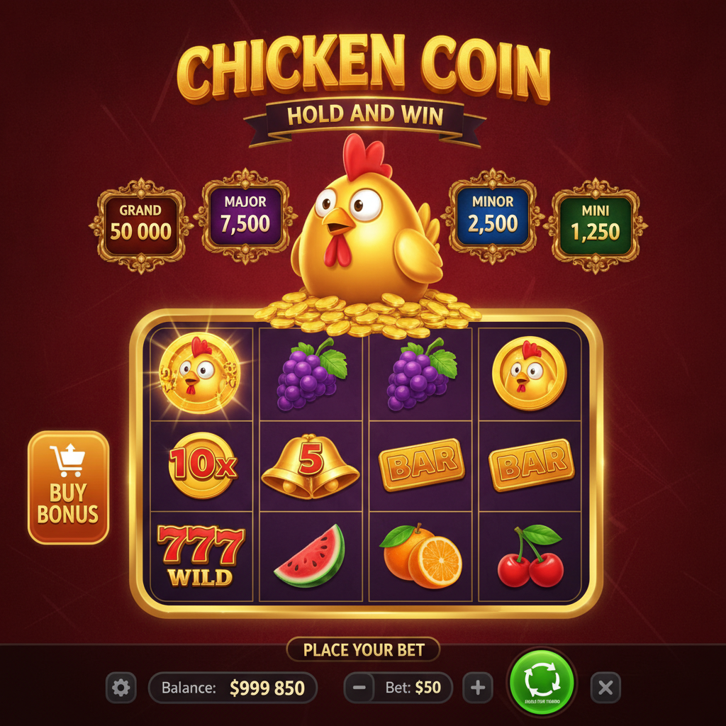 Chicken Coin Hold and Win slot con mascotte pollo dorato su pile di monete d'oro, griglia 3x4 con simboli frutta, monete bonus e 777 wild su sfondo rosso con cornice dorata ornata