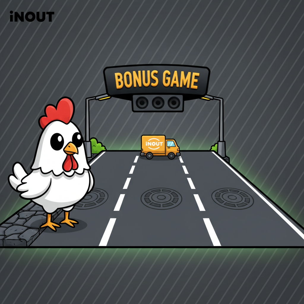 Chicken Road 2 Bonus slot: pollo cartoon bianco con cresta rossa attraversa strada a corsie multiple con moltiplicatori crescenti, sfondo strada asfaltata con linee bianche tratteggiate