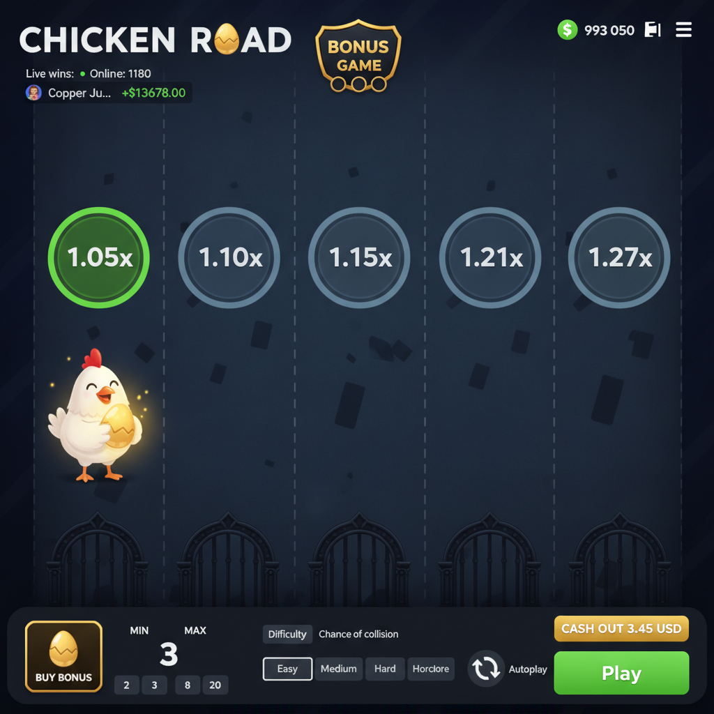 Chicken Road Bonus slot con gallina cartoon che attraversa corsie stradali illuminate da moltiplicatori verdi brillanti su sfondo stradale blu scuro