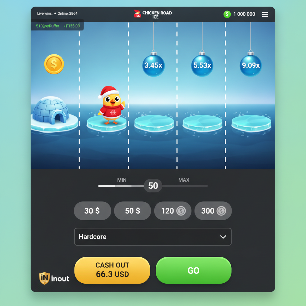 Chicken Road Ice gioco slot con pollo natalizio che cammina su lastre di ghiaccio artico evitando squali nell'acqua gelida