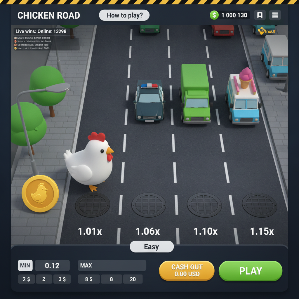 Chicken Road gioco crash con pollo cartoon che attraversa strada multi-corsia con moltiplicatori crescenti e veicoli colorati