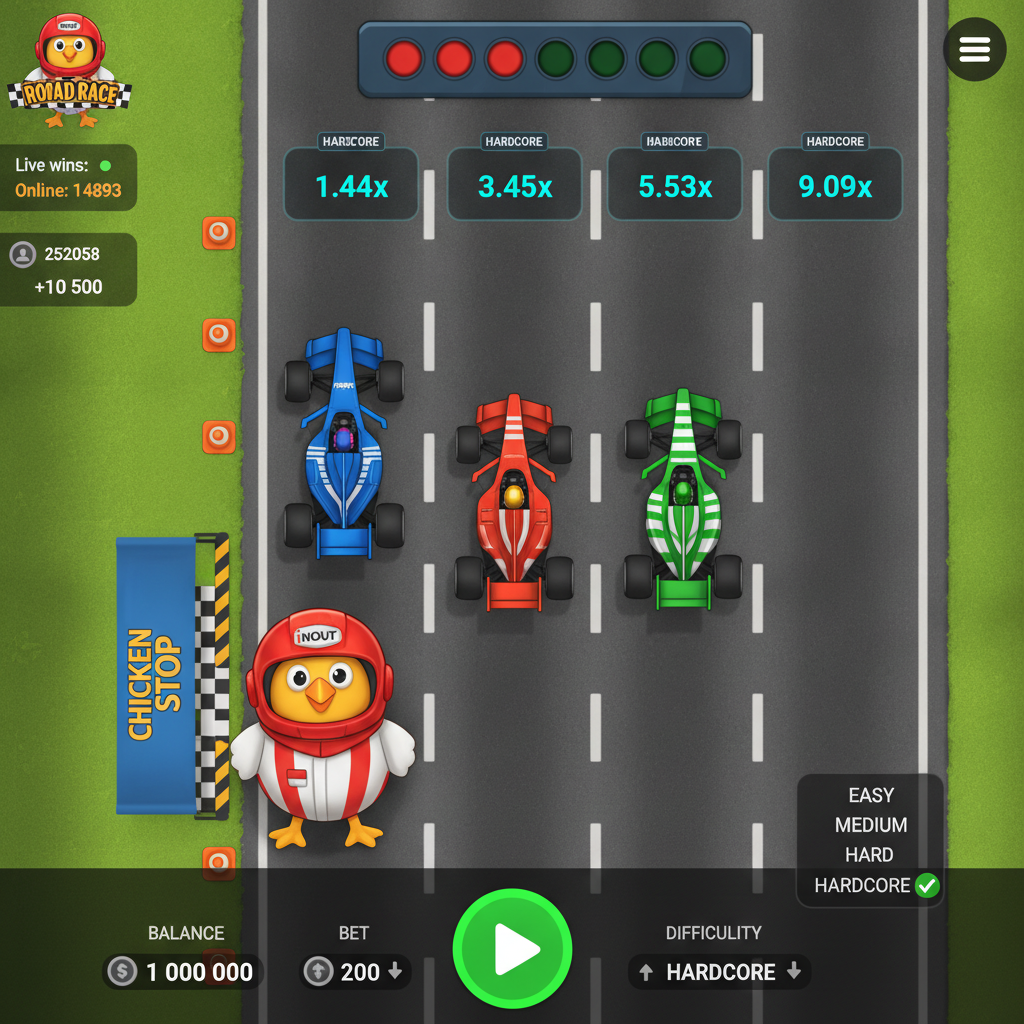 Chicken Road Race mascotte pollo con casco rosso su pista da corsa a 5 corsie vista dall'alto con auto Formula 1 e moltiplicatori progressivi