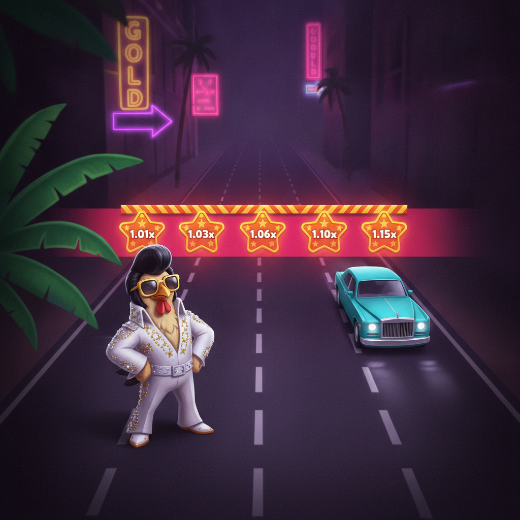 Chicken Road Vegas slot game con pollo Elvis che attraversa strade di Las Vegas evitando auto colorate su sfondo viola neon con palme tropicali