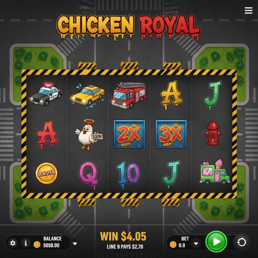 Chicken Royal slot machine con griglia 5x3, poliziotto taxi camion pompieri simboli graffiti urbani e Wild moltiplicatori su sfondo stradale città