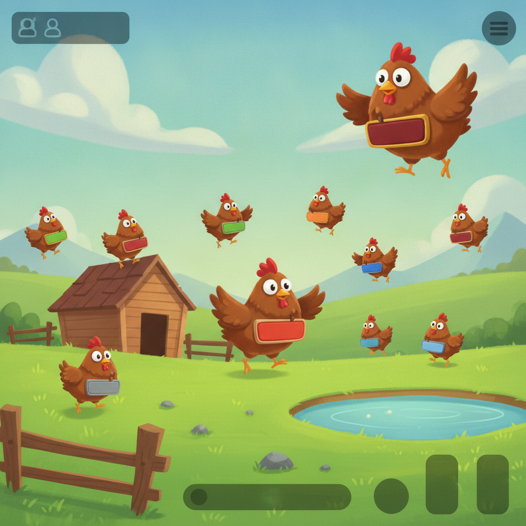 Chicken Shoot gioco instant win con galline cartone animate che portano moltiplicatori su fattoria colorata con cielo azzurro e colline verdi