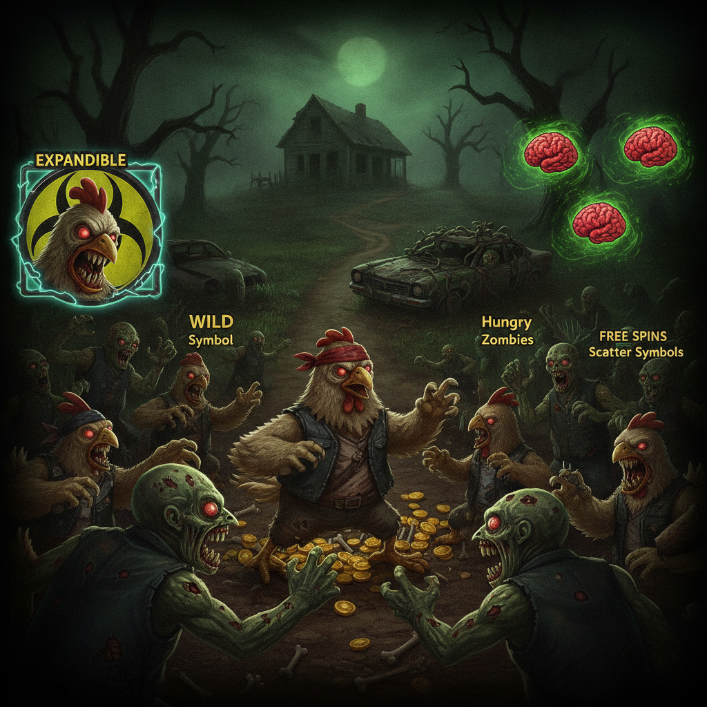 Chicken Road Zombies slot con polli combattenti, zombie affamati, simboli wild espandibili e scatter che attivano giri gratuiti